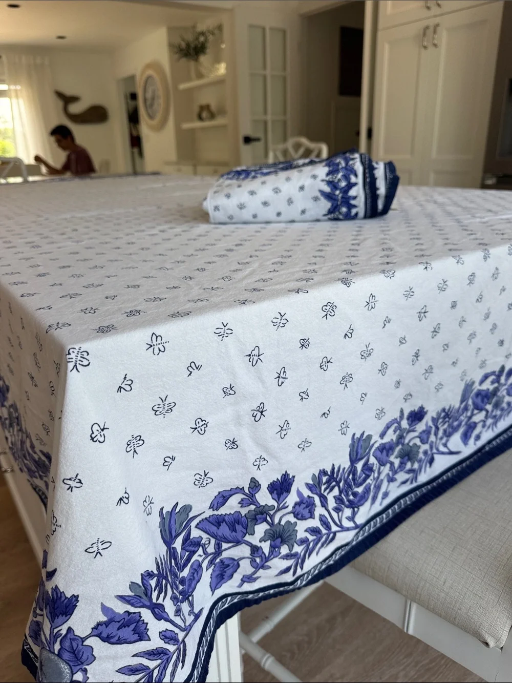 Williams Sonoma blue white French Provence floral block print tablecloth napkins